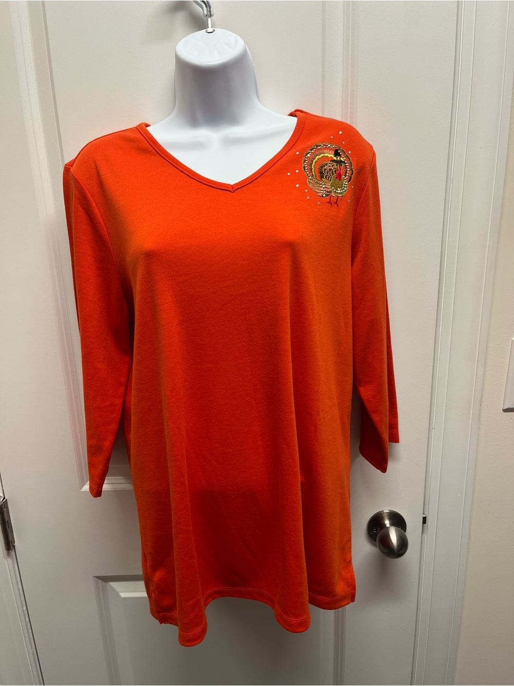 Quacker Factory Orange Thanksgiving Turkey Embellished Tunic Top Size M